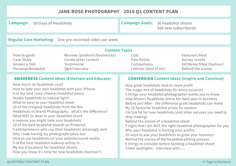 Quarterly content plan example for your photography business